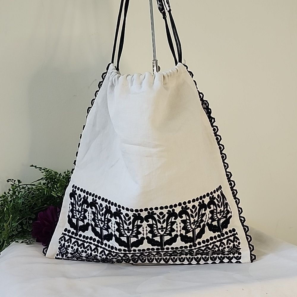 Artsy Grannycore Cottagecore Floral Fairisle Embroidered Lace Trim Tote Bag